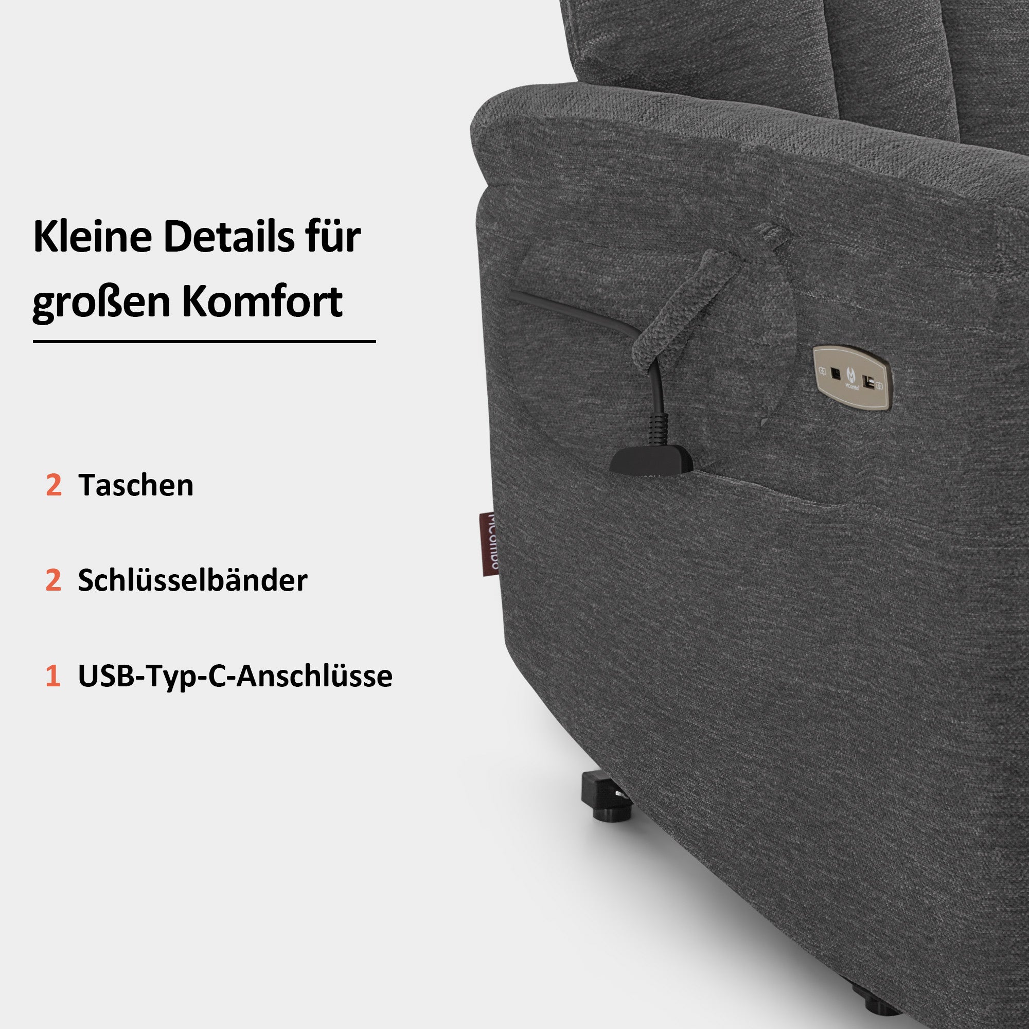 M MCombo TV chair with electric riser, armchair with riser, recliner chair with reclining function up to 145°, 35D full foam seat cushion 7117 (Chenille, Grey)