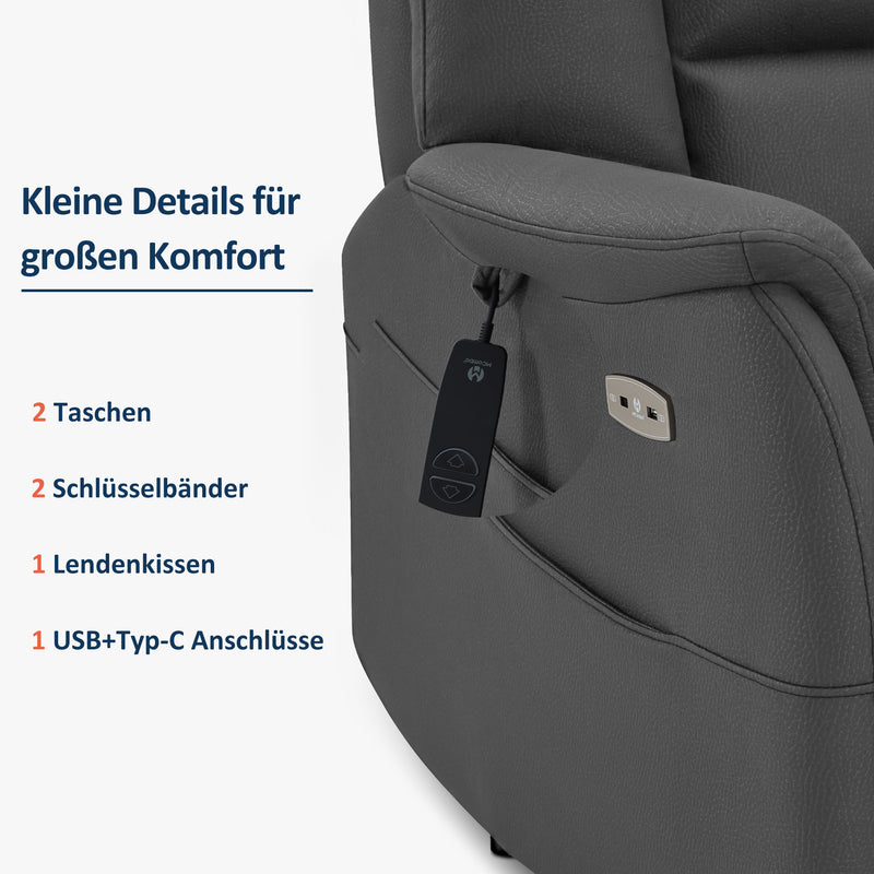 M MCombo Relaxsessel Elektrisch Verstellbar, Fernsehsessel 3 cm Wandnah, Relaxsessel Massagesessel mit Liegefunktion, TV Sessel für Enge Räume, USB & Typ-C Anschlüsse & Lendenkissen, Wohnzimmer, 7063