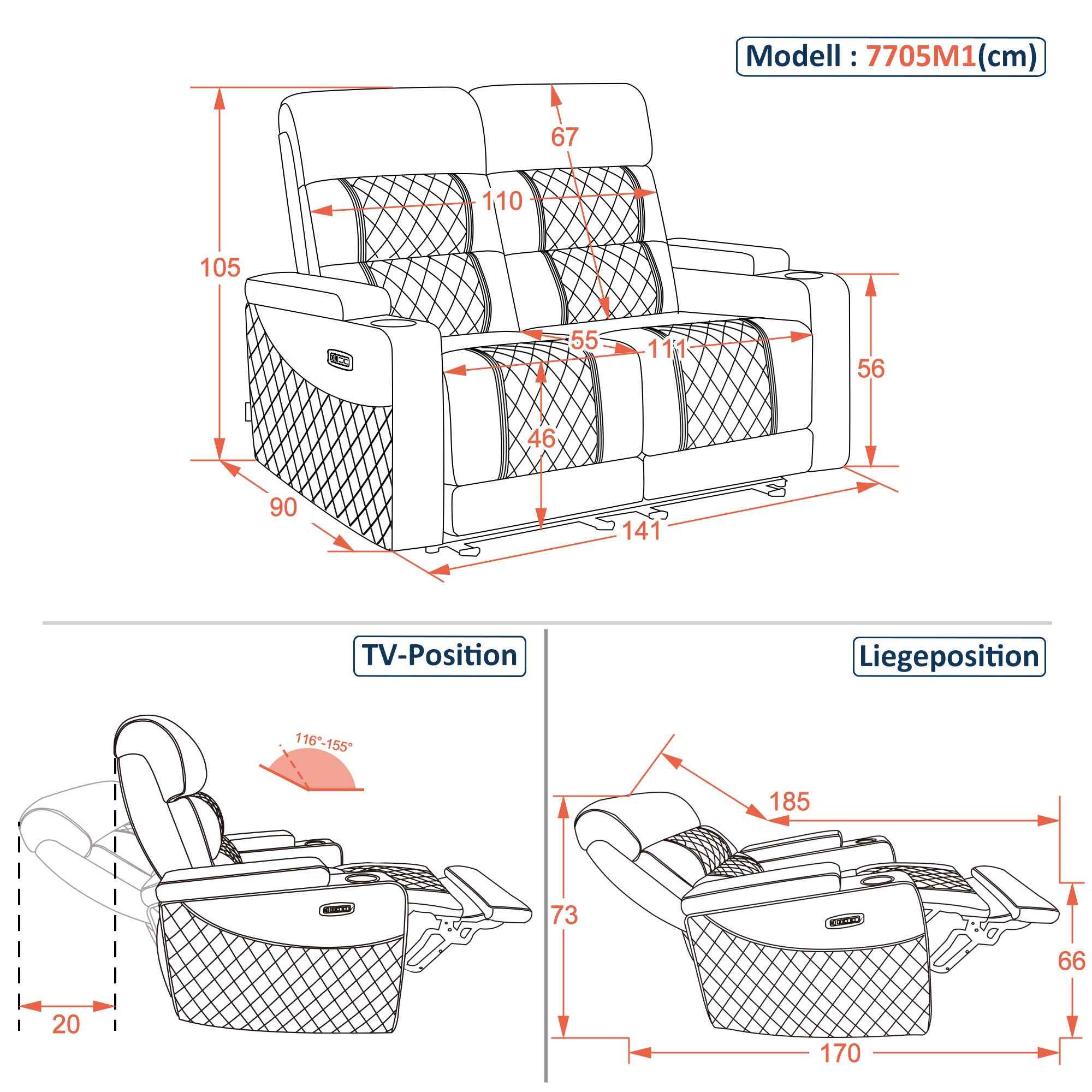 M MCombo Fauteuil de Relaxation Électrique 1 Place/2 Places/3 Places, Fauteuil Home Cinéma Zero Gravity avec LED, Appui-tête Réglable, Coussin d'assise Entièrement en Mousse 35D 7759/7705 (Noir)