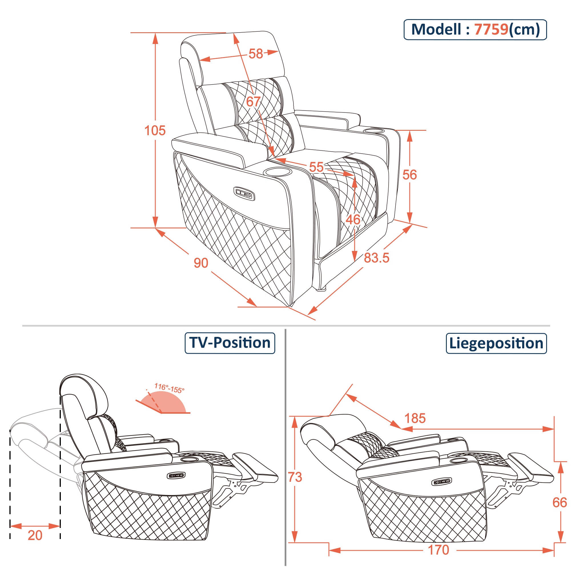 M MCombo Fauteuil de Relaxation Électrique 1 Place/2 Places/3 Places, Fauteuil Home Cinéma Zero Gravity avec LED, Appui-tête Réglable, Coussin d'assise Entièrement en Mousse 35D 7759/7705 (Noir)