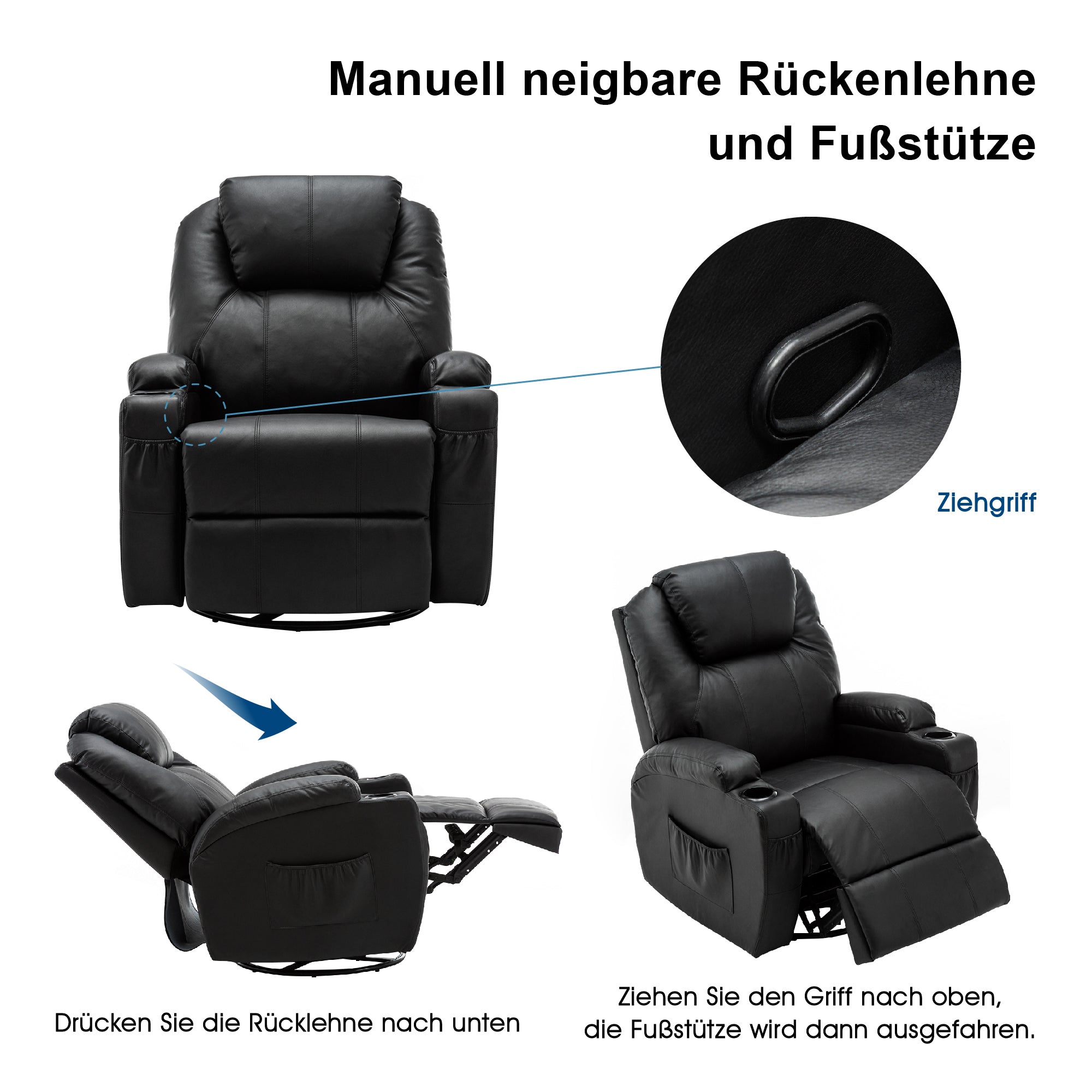 M MCombo massage chair, TV chair, relaxation chair 7020, with heating, 360° swivel swing, manually adjustable (black faux leather/grey fabric/dark gray microfibre) 
