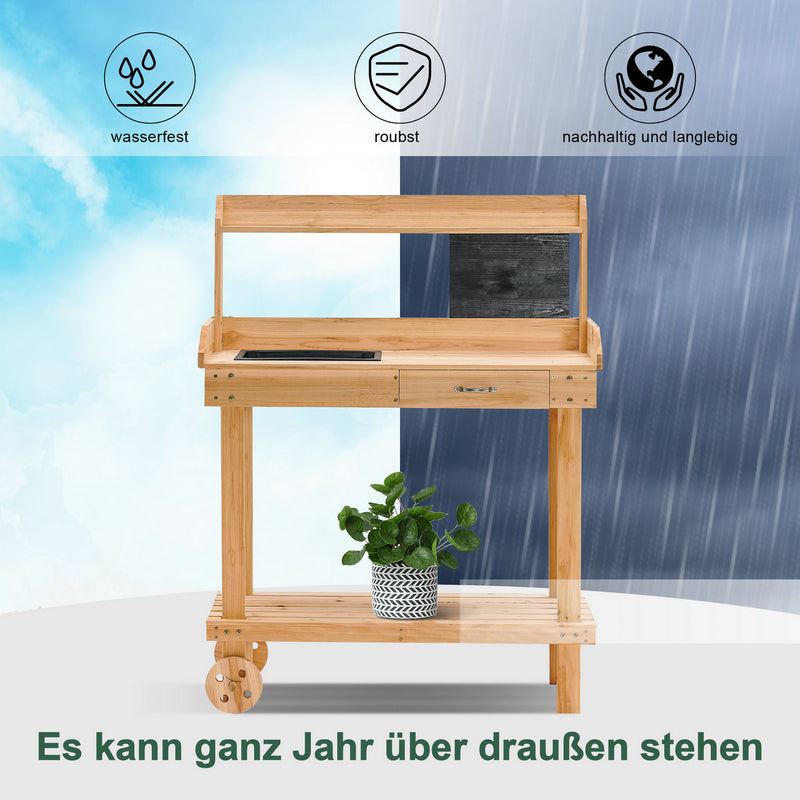 MCombo Pflanztisch Gartentisch Blumentisch mit Räder Becken Wetterfest Holz 0416