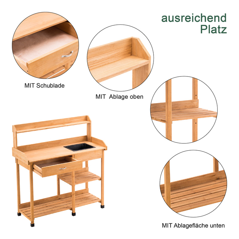 MCombo Pflanztisch Gärtnertisch Blumentisch mit Waschbecken Ablage Holz 0458