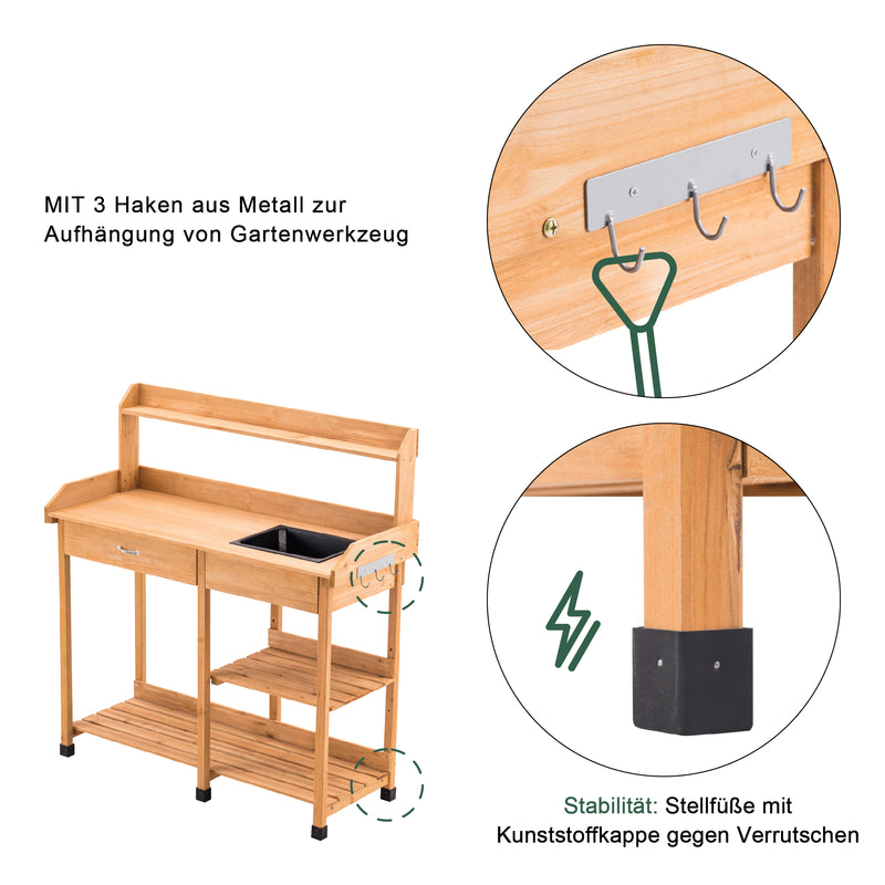 MCombo Pflanztisch Gärtnertisch Blumentisch mit Waschbecken Ablage Holz 0458