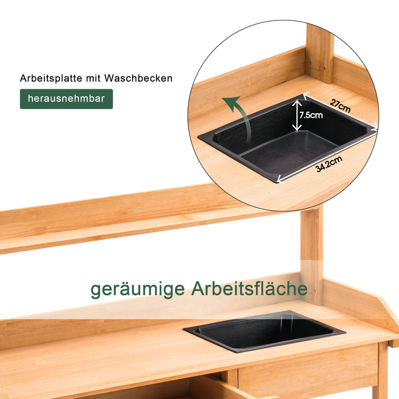 MCombo Pflanztisch Gärtnertisch Blumentisch mit Waschbecken Ablage Holz 0458