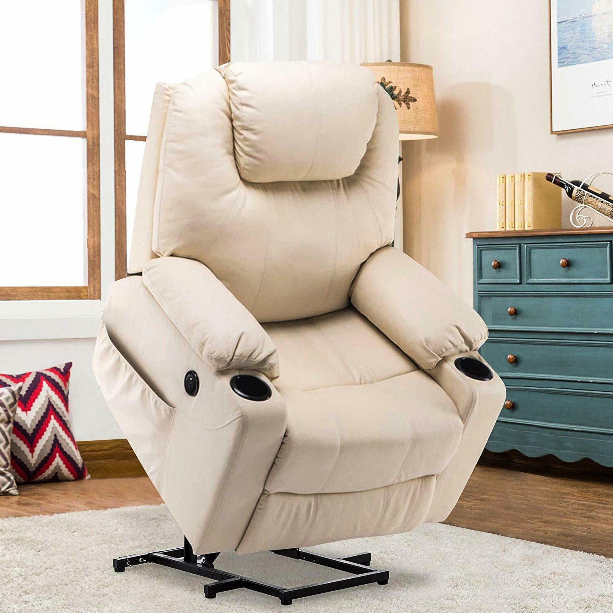 M MCombo Fernsehsessel mit Aufstehhilfe Elektrisch, Relaxsessel mit Liegefunktion bis 140°, Massagesessel mit Wärmefunktion, Knopf & Fernbedienung Verstellbar, mit USB, 7040