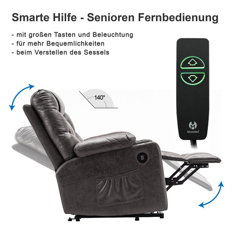 M MCombo Fernsehsessel mit Aufstehhilfe Elektrisch, Sessel mit Aufstehhilfe,  fernsehsessel mit liegefunktion bis 140°, Seniorensessel für Wohnzimmer, mit USB 7286