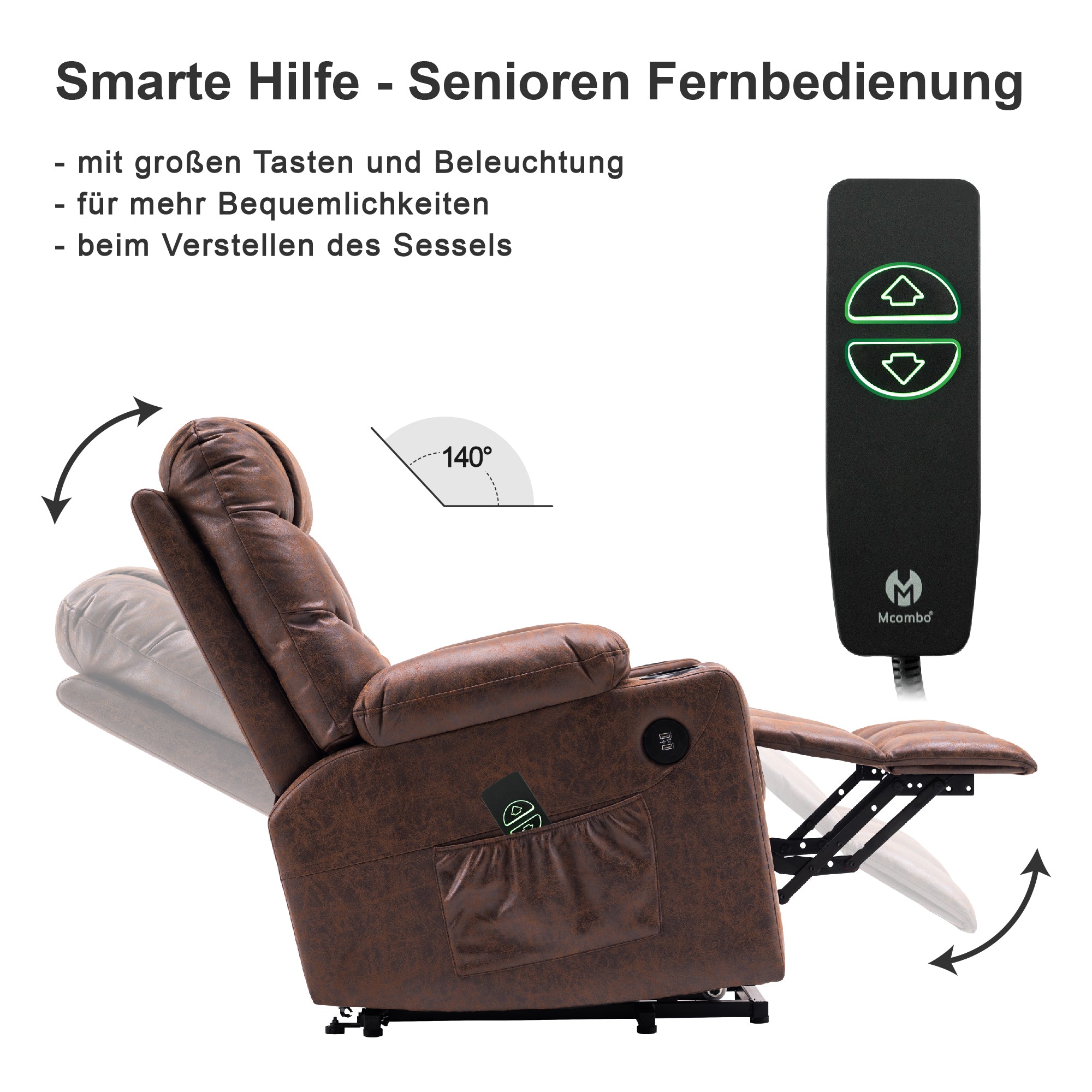 M MCombo Fernsehsessel mit Aufstehhilfe Elektrisch, Sessel mit Aufstehhilfe,  fernsehsessel mit liegefunktion bis 140°, Seniorensessel für Wohnzimmer, mit USB 7286