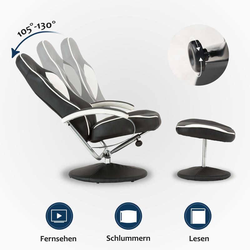 MCombo Racing Gaming Stuhl mit Hocker, 360°drehbarer klappbarer Chefsessel Bürostuhl, moderner Relaxsessel Fernsehsessel TV-Sessel Sessel für Wohnzimmer, Kunstleder, 9012 (Schwarz-Weiß)