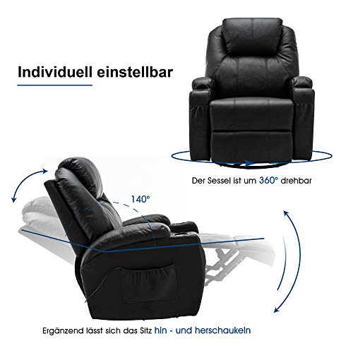 M MCombo massage chair, TV chair, relaxation chair 7020, with heating, 360° swivel swing, manually adjustable (black faux leather/grey fabric/dark gray microfibre) 