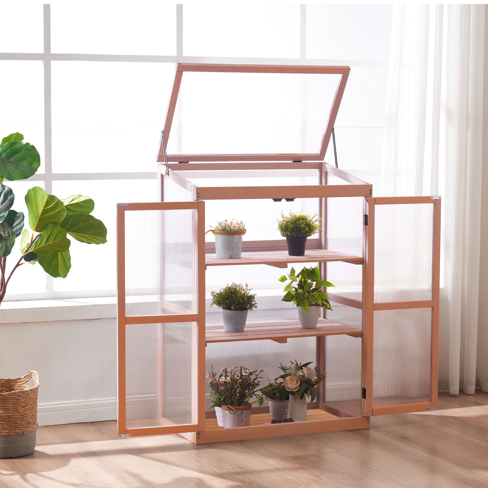 M MCombo Gewächshaus Frühbeet aus Holz, für Balkon & Garten, Klein Treibhaus Greenhouse Aufsatz Kasten winterfest, 46*76*110cm, 0760