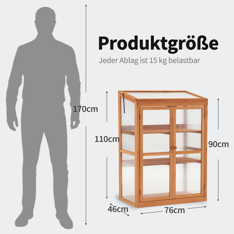 M MCombo Gewächshaus Frühbeet aus Holz, für Balkon & Garten, Klein Treibhaus Greenhouse Aufsatz Kasten winterfest, 46*76*110cm, 0760