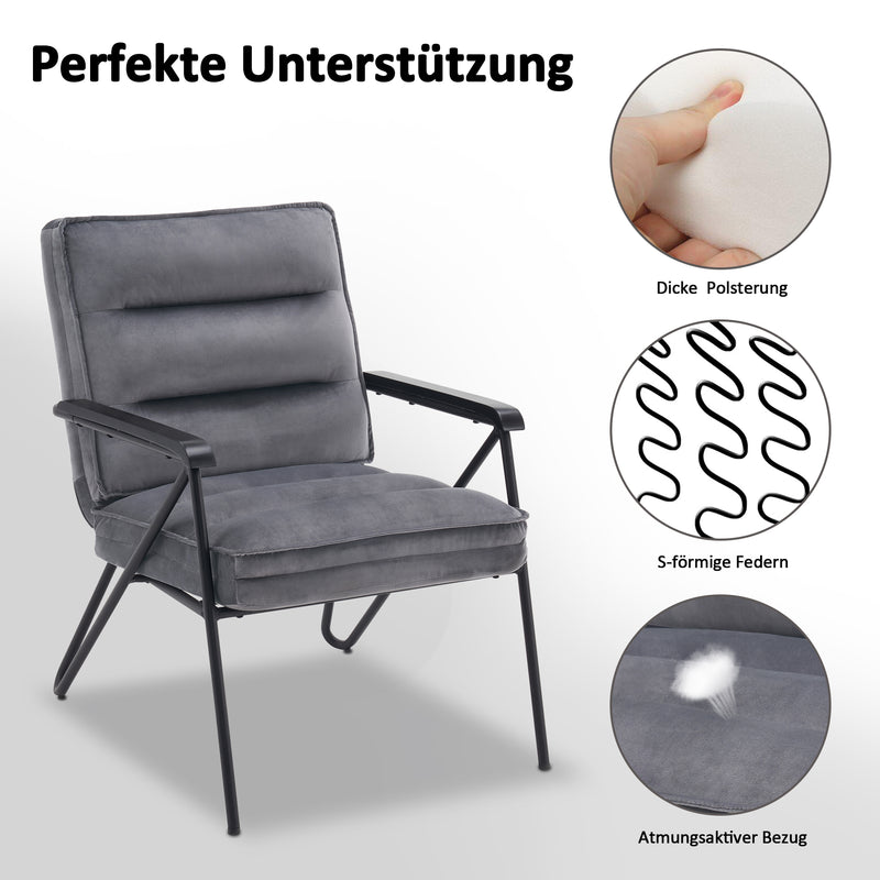 MCombo Grau Relaxsessel mit Hocker, bequemer Polstersessel, moderner Wohnzimmerstuhl, Samt, 4750DE