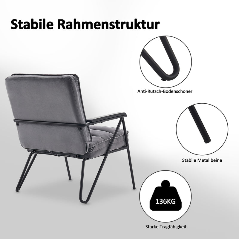 MCombo Grau Relaxsessel mit Hocker, bequemer Polstersessel, moderner Wohnzimmerstuhl, Samt, 4750DE