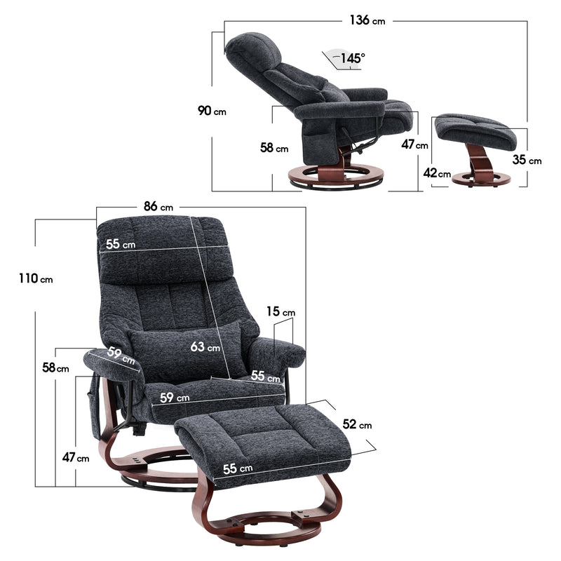 MCombo Relaxsessel mit Hocker 9066, Drehbare Fernsehsessel mit Liegefunktion, Moderner TV-Sessel Stuhl für Wohnzimmer, mit Kissen & Seitentasche, ohne Massagefunktion, 9066