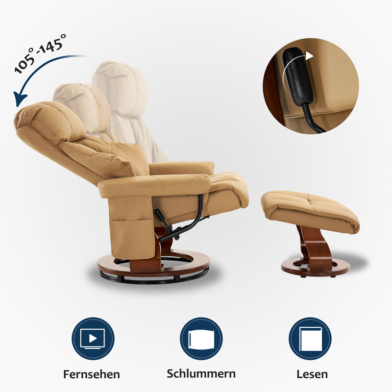 MCombo Massagesessel mit Hocker, 360°drehbarer Relaxsessel mit Liegefunktion, moderner TV-Sessel mit Seitentasche für Wohnzimmer, Kunstleder, 9068