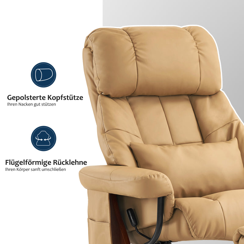 MCombo Massagesessel mit Hocker, 360°drehbarer Relaxsessel mit Liegefunktion, moderner TV-Sessel mit Seitentasche für Wohnzimmer, Kunstleder, 9068