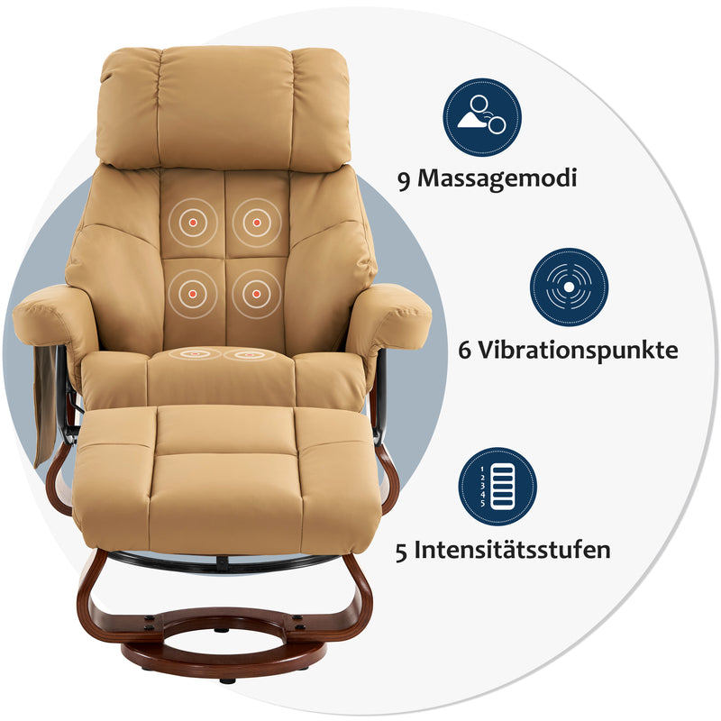 MCombo Massagesessel mit Hocker, 360°drehbarer Relaxsessel mit Liegefunktion, moderner TV-Sessel mit Seitentasche für Wohnzimmer, Kunstleder, 9068