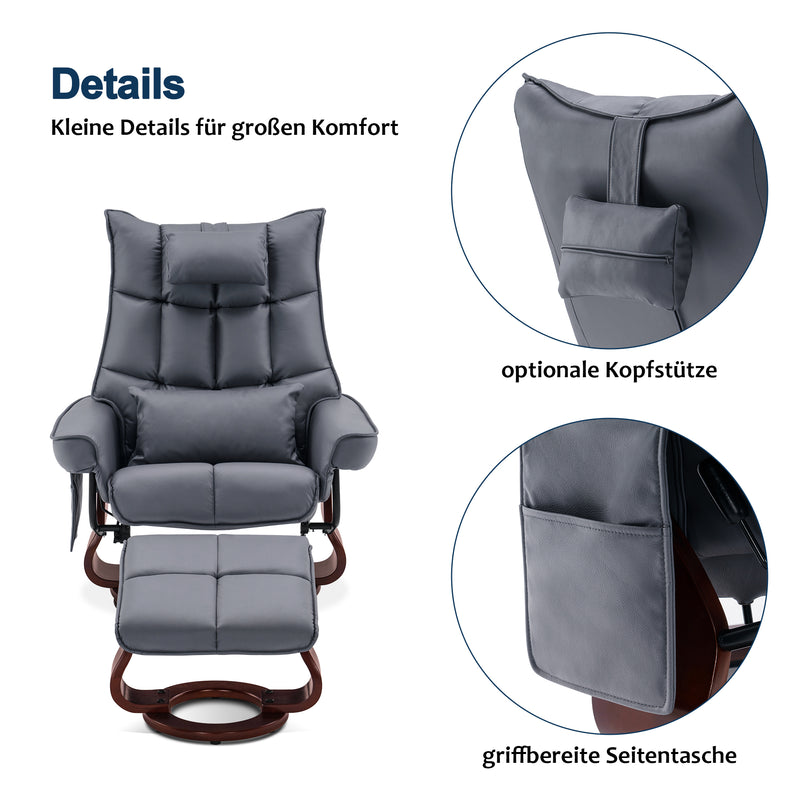 MCombo Relaxsessel mit Hocker 9076, Drehbare Fernsehsessel mit Liegefunktion, Moderner TV-Sessel Stuhl für Wohnzimmer, mit Kissen & Seitentasche, Mikrofaser/Stoff, 140 x 92 x 111cm