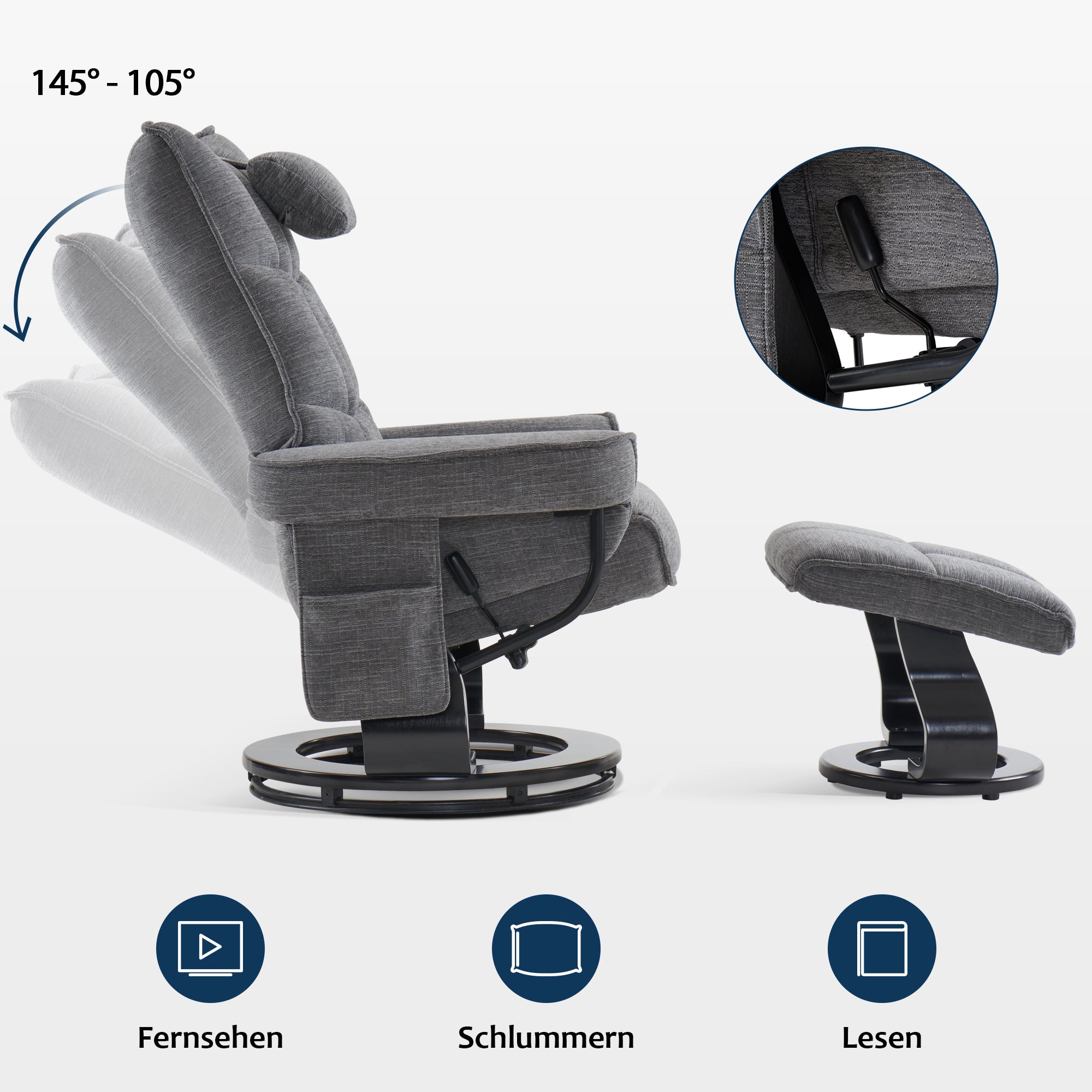 MCombo relaxation chair with stool 9076, rotating TV chair with reclining function, modern TV chair chair for living room, with cushion and side pocket, microfiber/fabric, 140 x 92 x 111cm