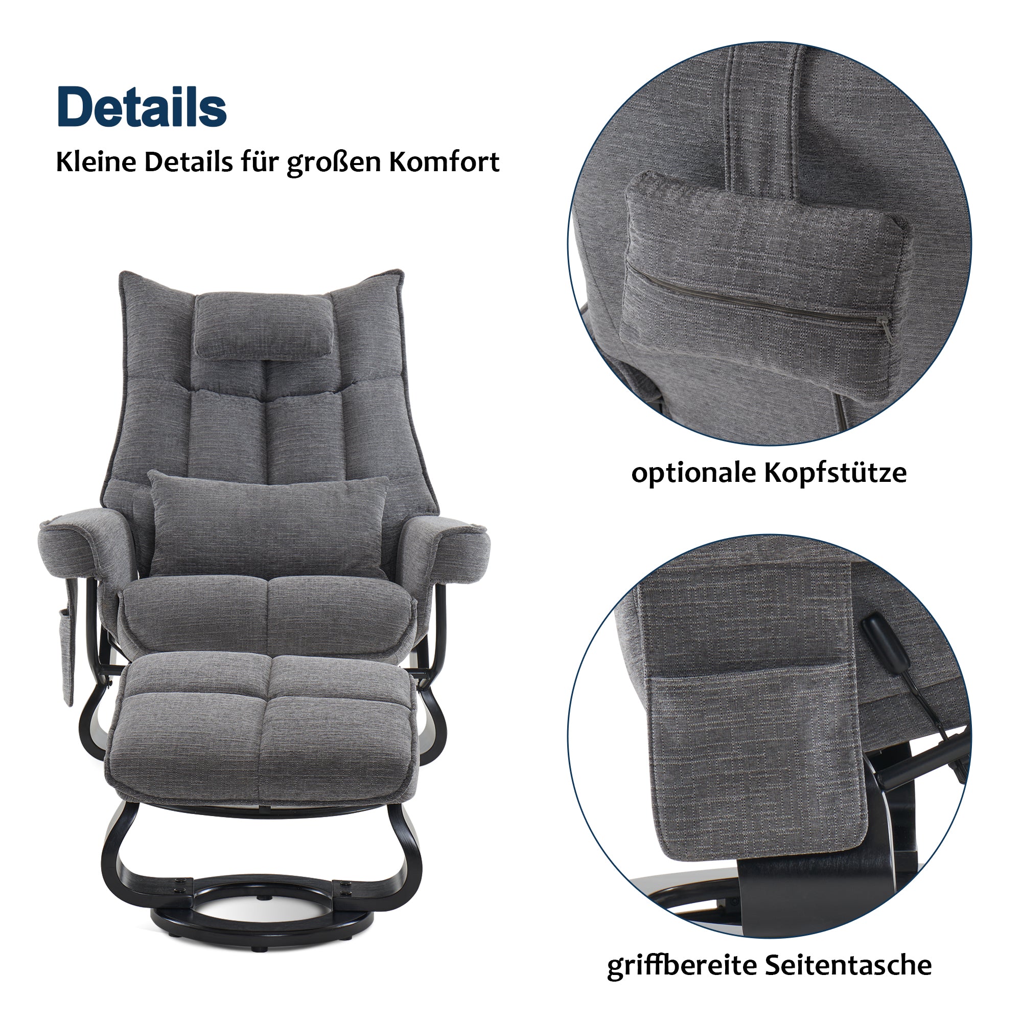 MCombo relaxation chair with stool 9076, rotating TV chair with reclining function, modern TV chair chair for living room, with cushion and side pocket, microfiber/fabric, 140 x 92 x 111cm
