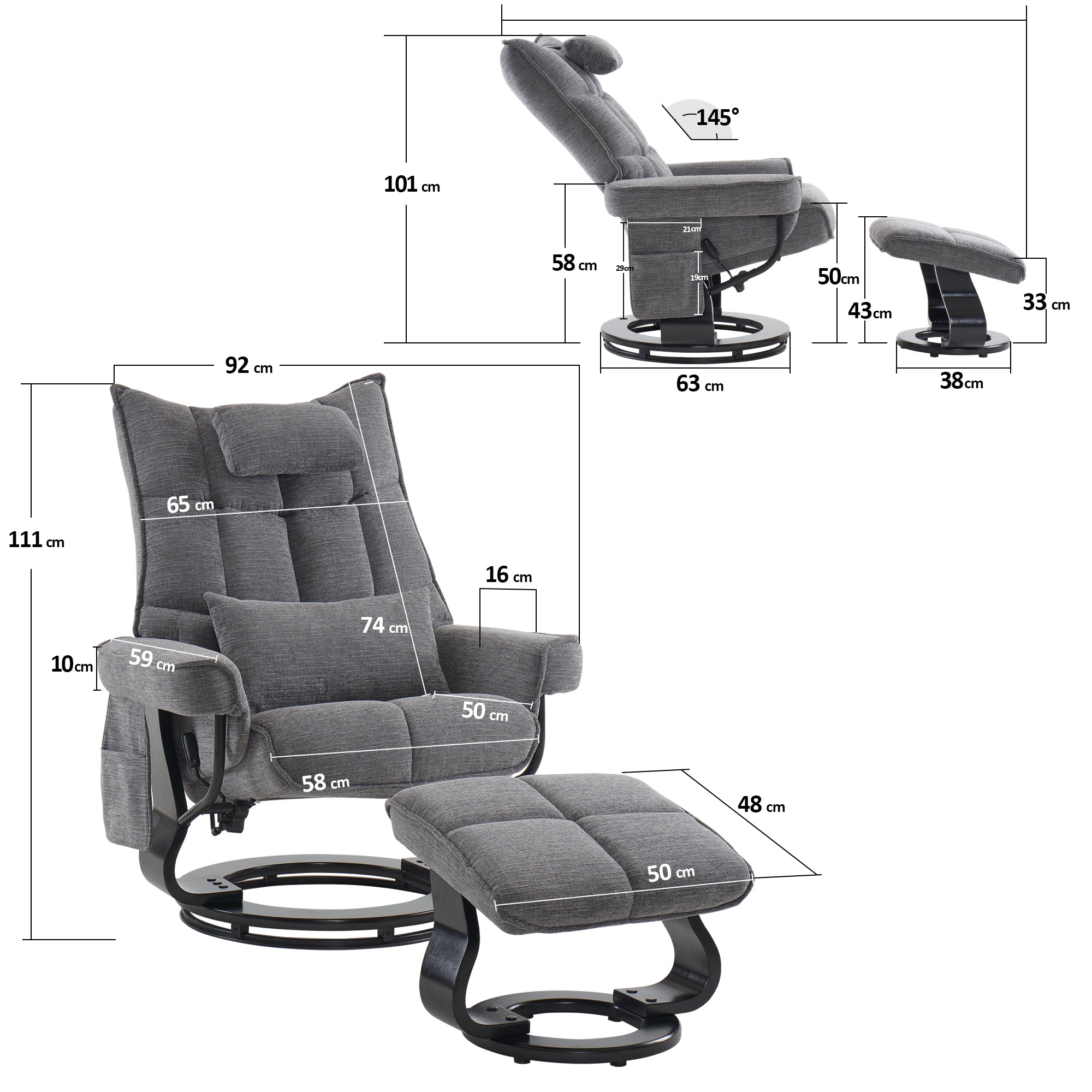 MCombo relaxation chair with stool 9076, rotating TV chair with reclining function, modern TV chair chair for living room, with cushion and side pocket, microfiber/fabric, 140 x 92 x 111cm