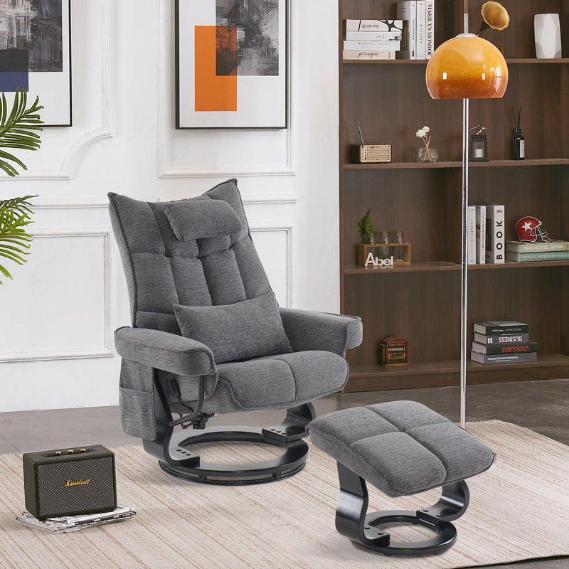 MCombo Relaxsessel mit Hocker 9076, Drehbare Fernsehsessel mit Liegefunktion, Moderner TV-Sessel Stuhl für Wohnzimmer, mit Kissen & Seitentasche, Mikrofaser/Stoff, 140 x 92 x 111cm