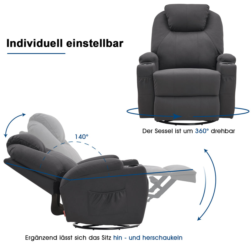 M MCombo Massagesessel Fernsehsessel Relaxsessel 7020, mit Heizung, Dreh 360° Schaukel, manuell verstellbar (Schwarz-Kunstleder/Grau-Stoff/Dunkelgrau- Mikrofaser)