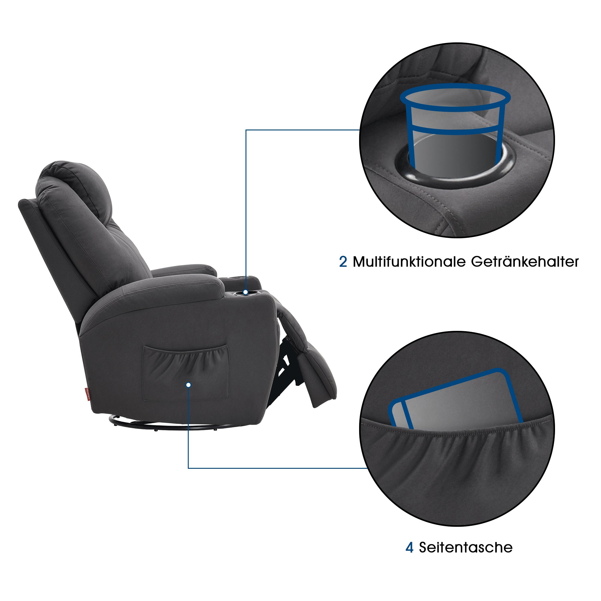 M MCombo massage chair, TV chair, relaxation chair 7020, with heating, 360° swivel swing, manually adjustable (black faux leather/grey fabric/dark gray microfibre) 