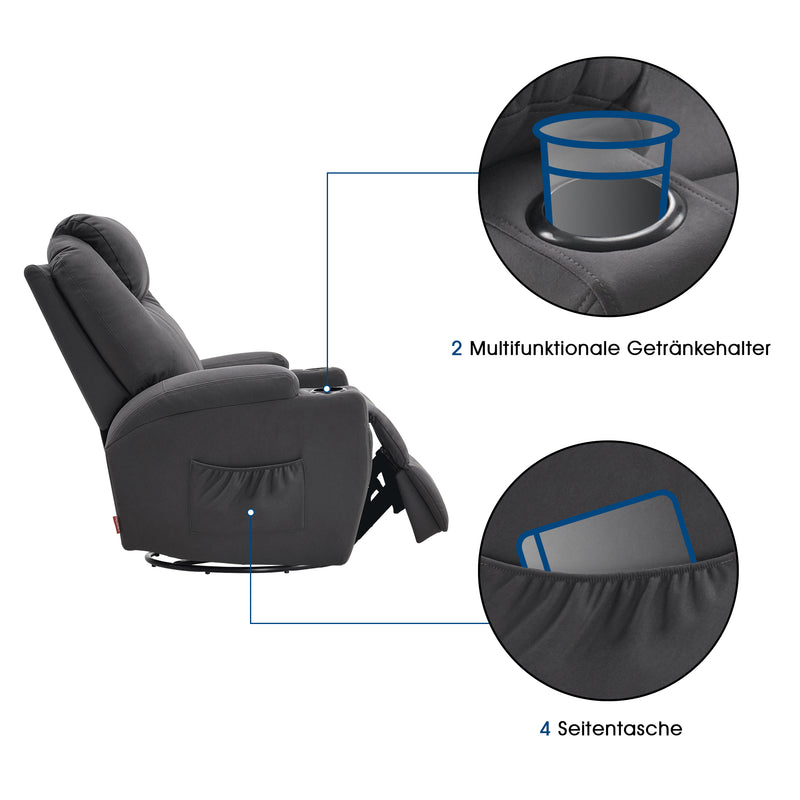 M MCombo Massagesessel Fernsehsessel Relaxsessel 7020, mit Heizung, Dreh 360° Schaukel, manuell verstellbar (Schwarz-Kunstleder/Grau-Stoff/Dunkelgrau- Mikrofaser)