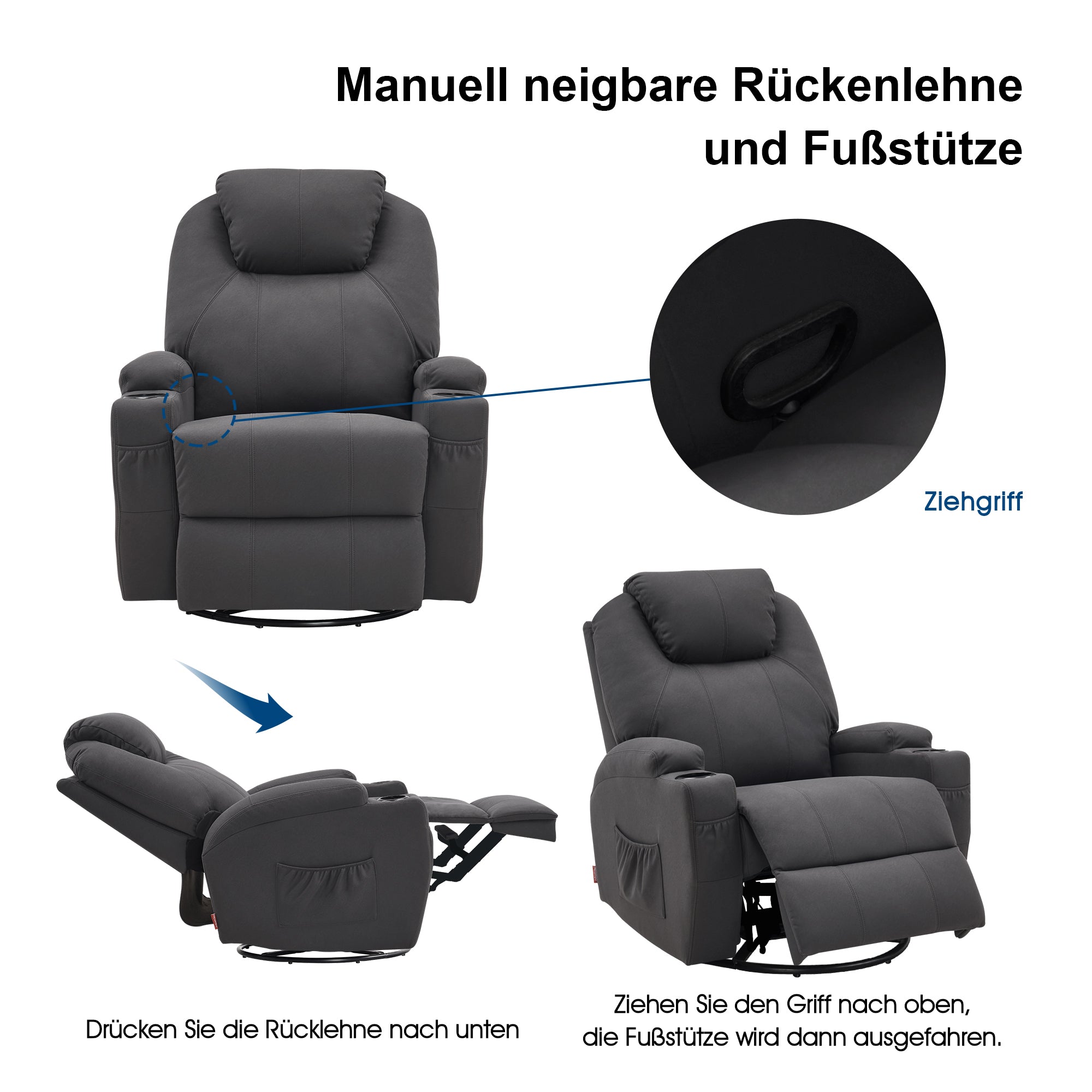 M MCombo massage chair, TV chair, relaxation chair 7020, with heating, 360° swivel swing, manually adjustable (black faux leather/grey fabric/dark gray microfibre) 