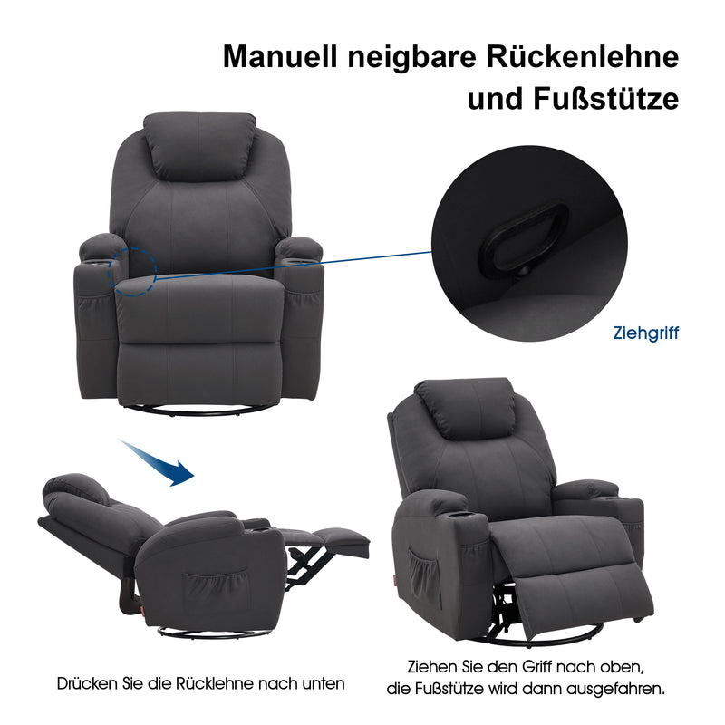 M MCombo Massagesessel Fernsehsessel Relaxsessel 7020, mit Heizung, Dreh 360° Schaukel, manuell verstellbar (Schwarz-Kunstleder/Grau-Stoff/Dunkelgrau- Mikrofaser)