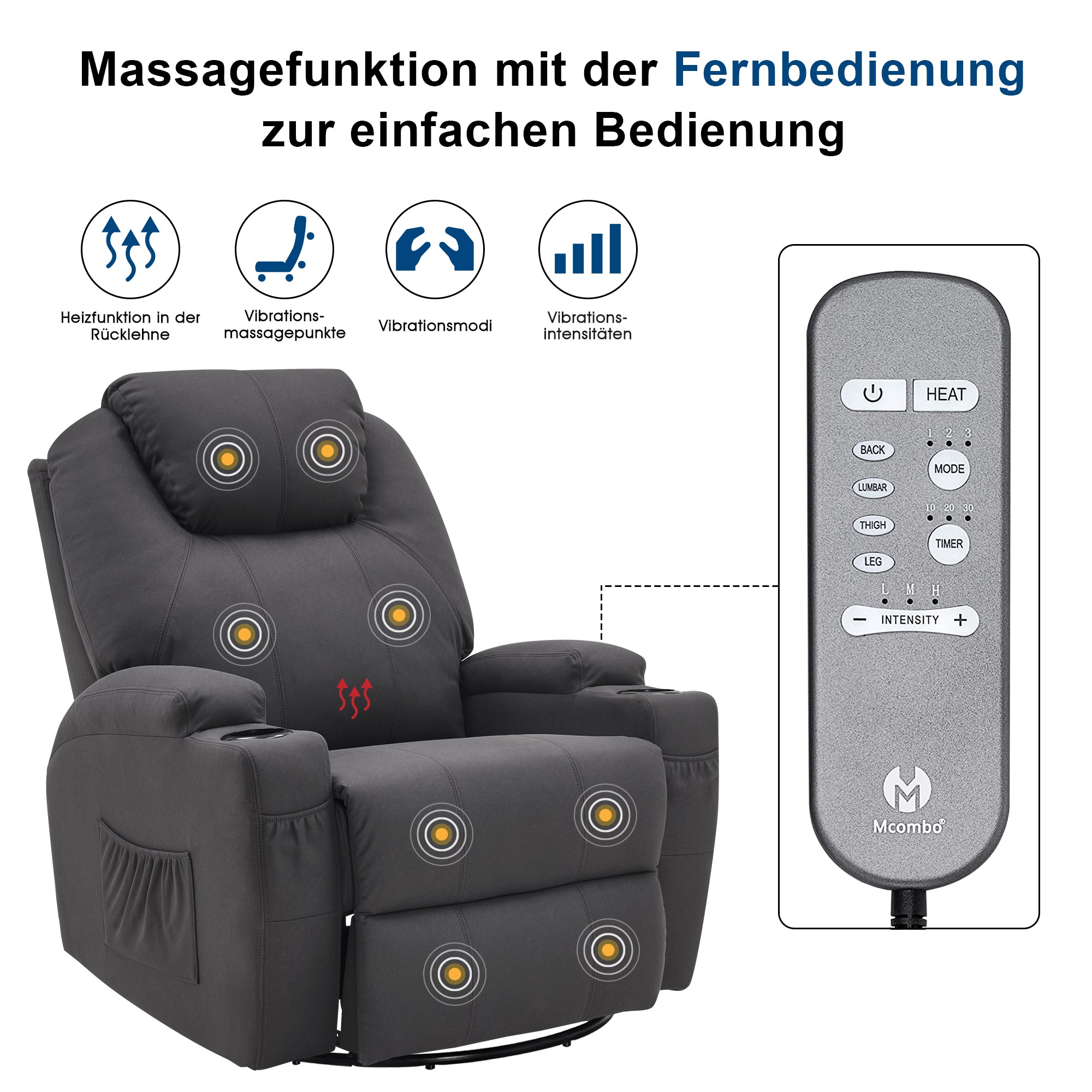 M MCombo massage chair, TV chair, relaxation chair 7020, with heating, 360° swivel swing, manually adjustable (black faux leather/grey fabric/dark gray microfibre) 