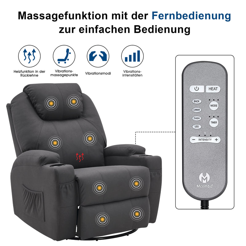 M MCombo Massagesessel Fernsehsessel Relaxsessel 7020, mit Heizung, Dreh 360° Schaukel, manuell verstellbar (Schwarz-Kunstleder/Grau-Stoff/Dunkelgrau- Mikrofaser)