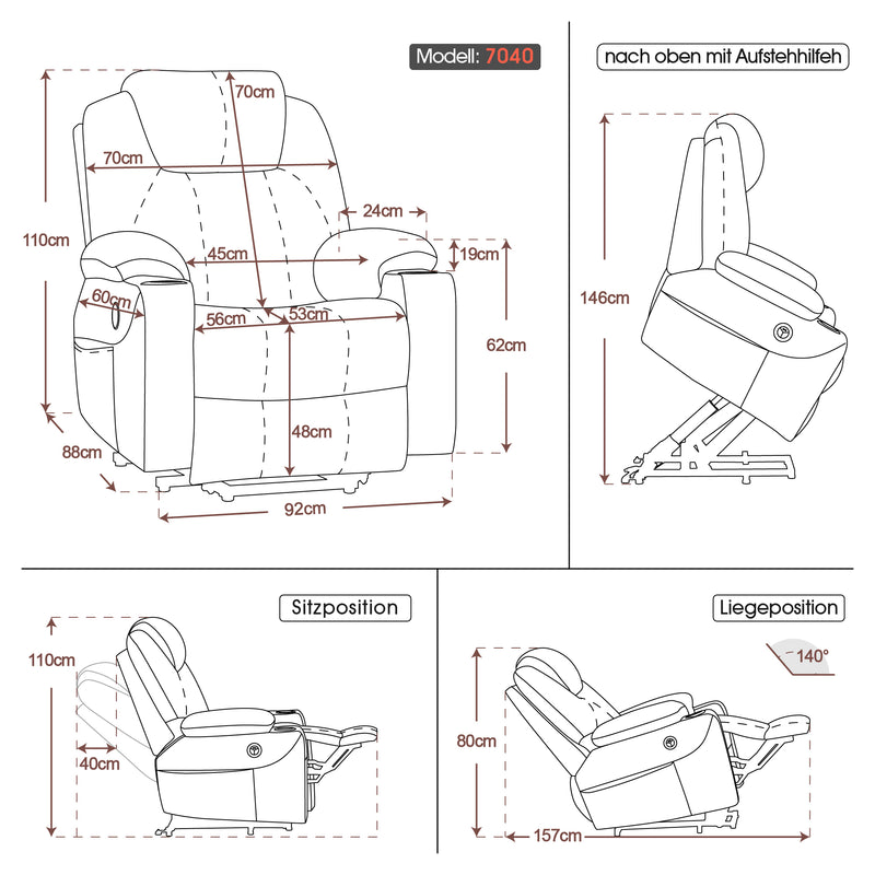 MCombo Elektrisch Aufstehhilfe Fernsehsessel Relaxsessel Massage Heizung USB 7040