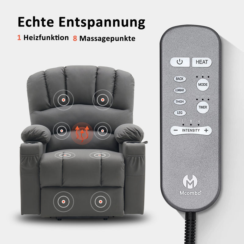 M MCombo Relaxsessel mit Aufstehhilfe & Liegefunktion 7102, Fernsehsessel elektrisch verstellbar, TV Sessel mit Massage Wärmefunktion, für Senioren Wohnzimmer, USB