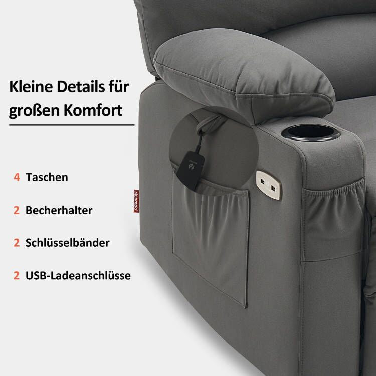 M MCombo Relaxsessel mit Aufstehhilfe & Liegefunktion 7102, Fernsehsessel elektrisch verstellbar, TV Sessel mit Massage Wärmefunktion, für Senioren Wohnzimmer, USB