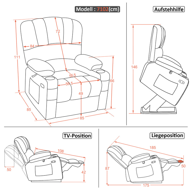 M MCombo Relaxsessel mit Aufstehhilfe & Liegefunktion 7102, Fernsehsessel elektrisch verstellbar, TV Sessel mit Massage Wärmefunktion, für Senioren Wohnzimmer, USB