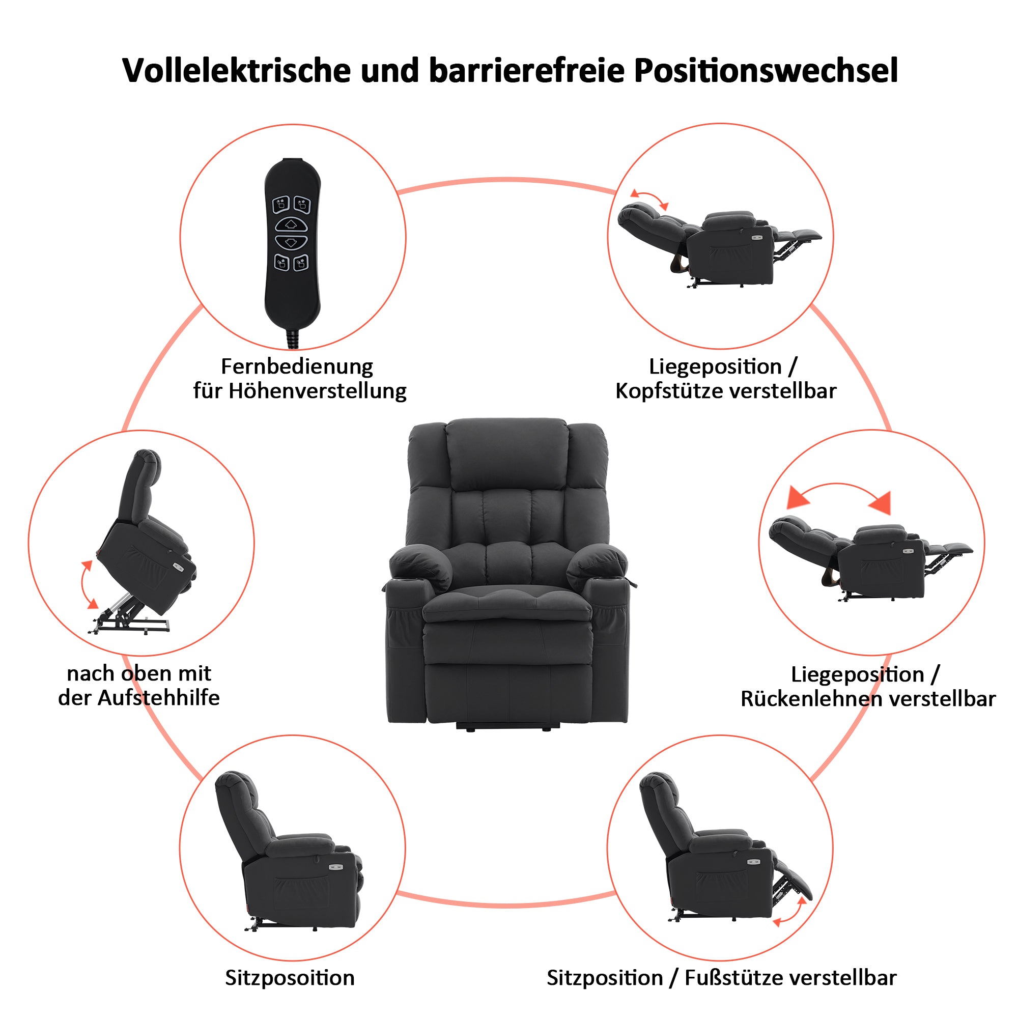 M MCombo electric stand-up relaxation chair 7546, separately adjustable with 3 motors, reclining position up to 165°, TV armchair with USB, for seniors' living room