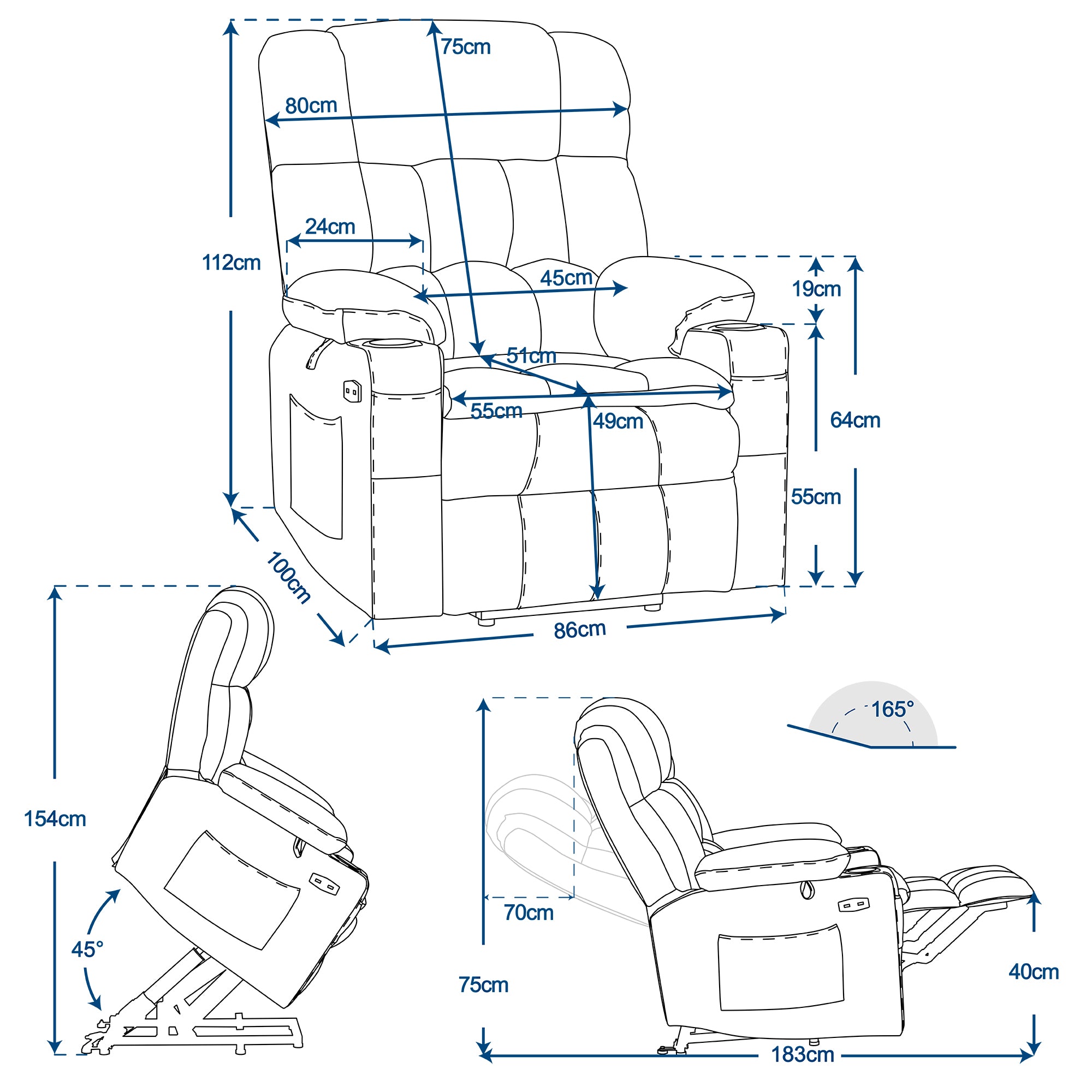 M MCombo electric stand-up relaxation chair 7546, separately adjustable with 3 motors, reclining position up to 165°, TV armchair with USB, for seniors' living room