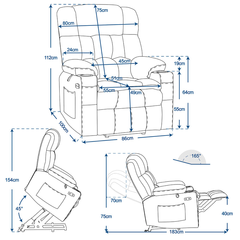 M MCombo elektrische Aufstehhilfe Relaxsessel 7546, mit 3 Motoren getrennt verstellbar, Liegeposition bis 165°, TV Sessel mit USB, für Senioren Wohnzimmer