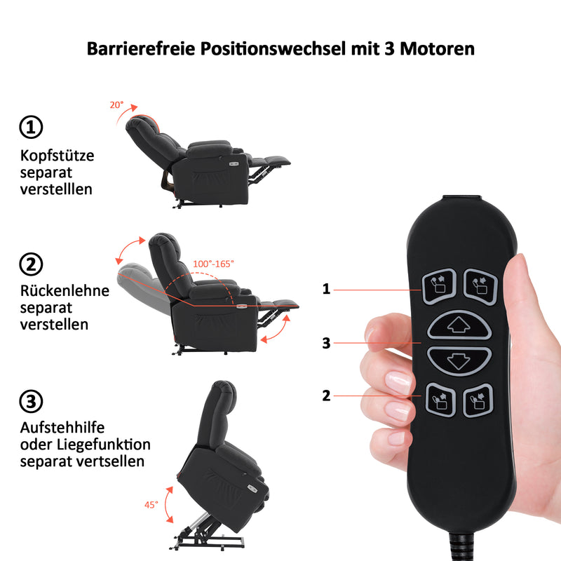 M MCombo elektrische Aufstehhilfe Relaxsessel 7546, mit 3 Motoren getrennt verstellbar, Liegeposition bis 165°, TV Sessel mit USB, für Senioren Wohnzimmer