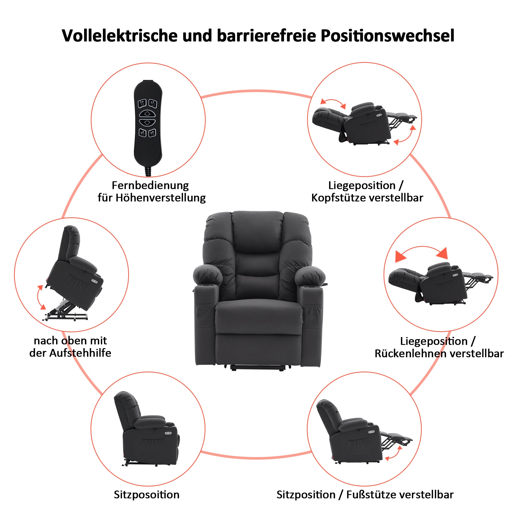 M MCombo elektrische Aufstehhilfe Relaxsessel 7550, mit 3 Motoren getrennt verstellbar, Liegeposition bis 170°, verlängerte Fußstütze, USB, für Senioren Wohnzimmer