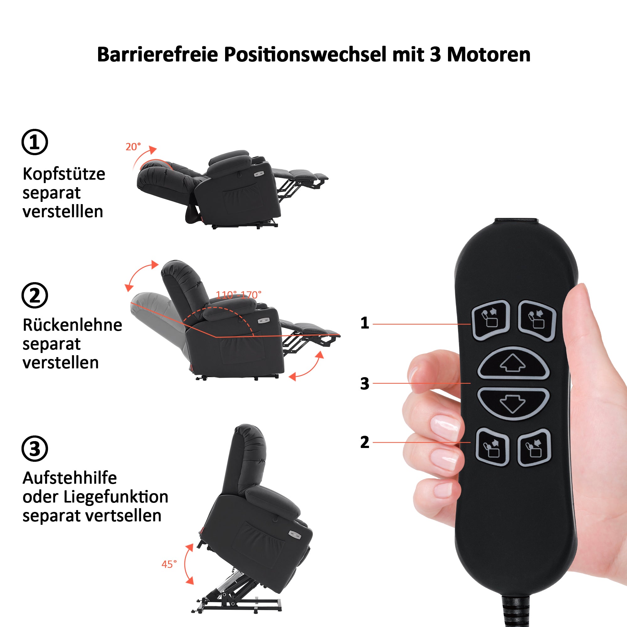 M MCombo elektrische Aufstehhilfe Relaxsessel 7550, mit 3 Motoren getrennt verstellbar, Liegeposition bis 170°, verlängerte Fußstütze, USB, für Senioren Wohnzimmer