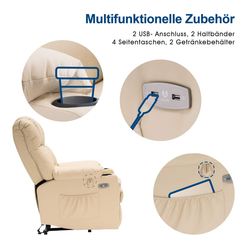 M MCombo elektrische Aufstehhilfe Relaxsessel 7546, mit 3 Motoren getrennt verstellbar, Liegeposition bis 165°, TV Sessel mit USB, für Senioren Wohnzimmer