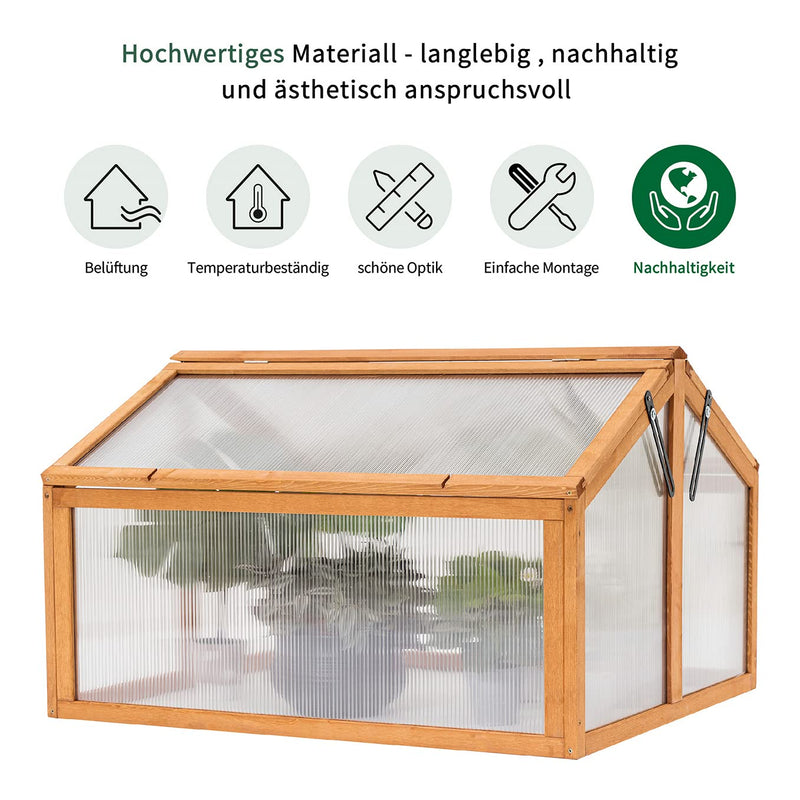 MCombo Frühbeet Gewächshaus Anzuchtkasten Frühbeetkasten Aufsatz Treibhaus, 2 Dachfenster, aus Holz und Polycarbonat für Jungpflanzen 0145