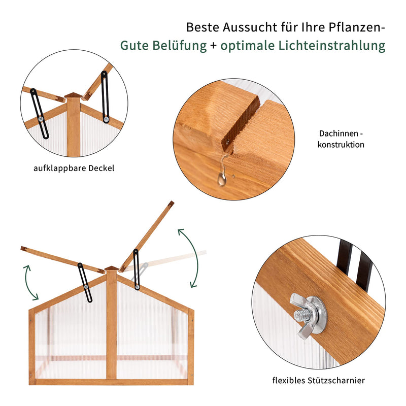 MCombo Frühbeet Gewächshaus Anzuchtkasten Frühbeetkasten Aufsatz Treibhaus, 2 Dachfenster, aus Holz und Polycarbonat für Jungpflanzen 0145