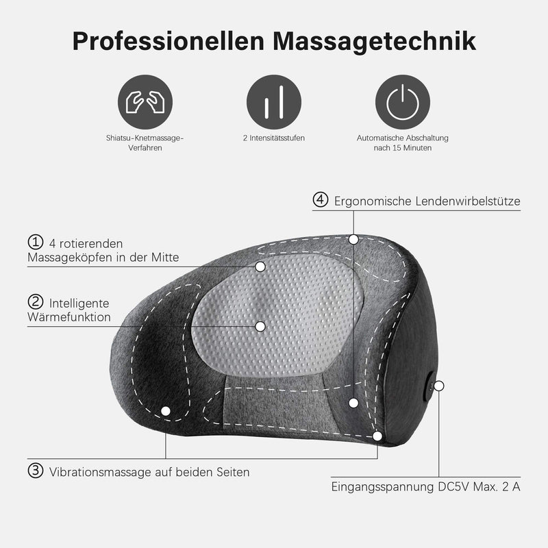 MCombo Massagekissen Shiatsu Rückenstützen Lordosenstütze in Hörnchen/ C-Form, ergonomisch, tragbares Kabelloses wiederaufladbares Massagegerät mit Wärmefunktion Ideal für Homeoffice, Büro, Autofahren B709