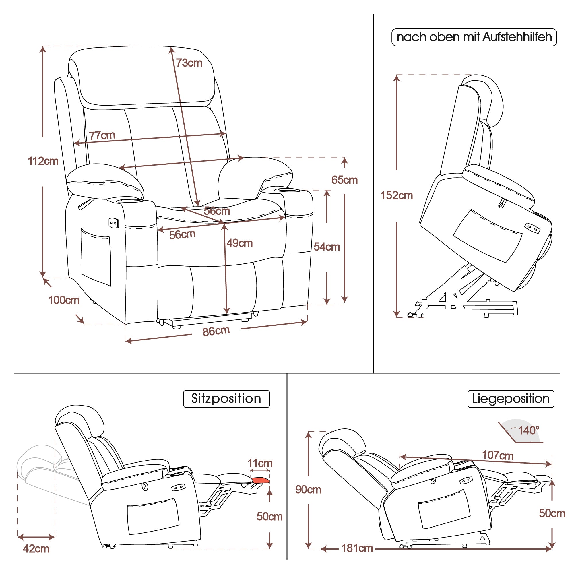 M MCombo relaxation chair with stand-up aid and reclining function 7190, TV chair electrically adjustable, for seniors living room, USB, (black faux leather / dark gray fabric) 