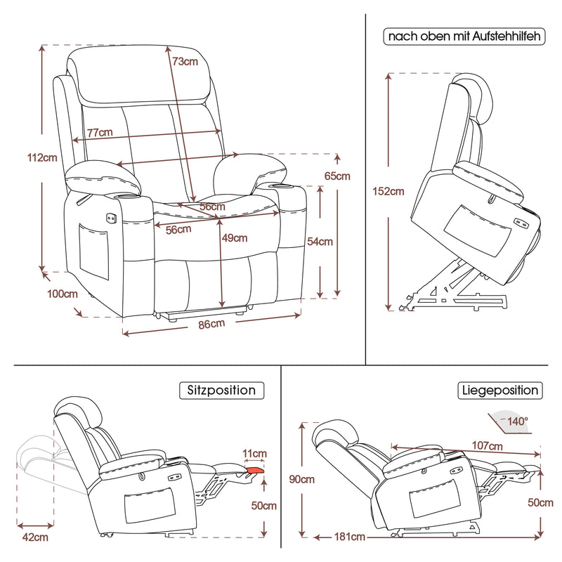 M MCombo Relaxsessel mit Aufstehhilfe & Liegefunktion 7190, Fernsehsessel elektrisch verstellbar, für Senioren Wohnzimmer, USB, (Schwarz-Kunstleder / Dunkelgrau-Stoff)